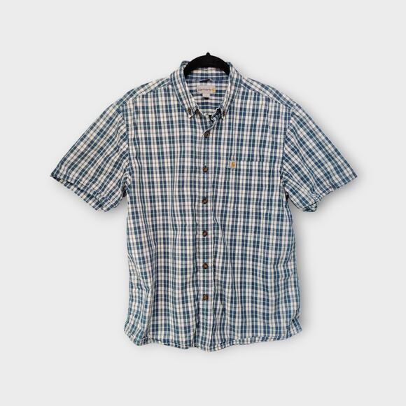 Mens Carhartt Relaxed Fit Short Sleeve Button Down Blue Plaid Size Large - Picture 1 of 4